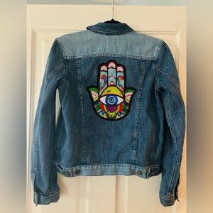 Custom Jean Jacket with Evil Eye and Hamsa patches Sz S